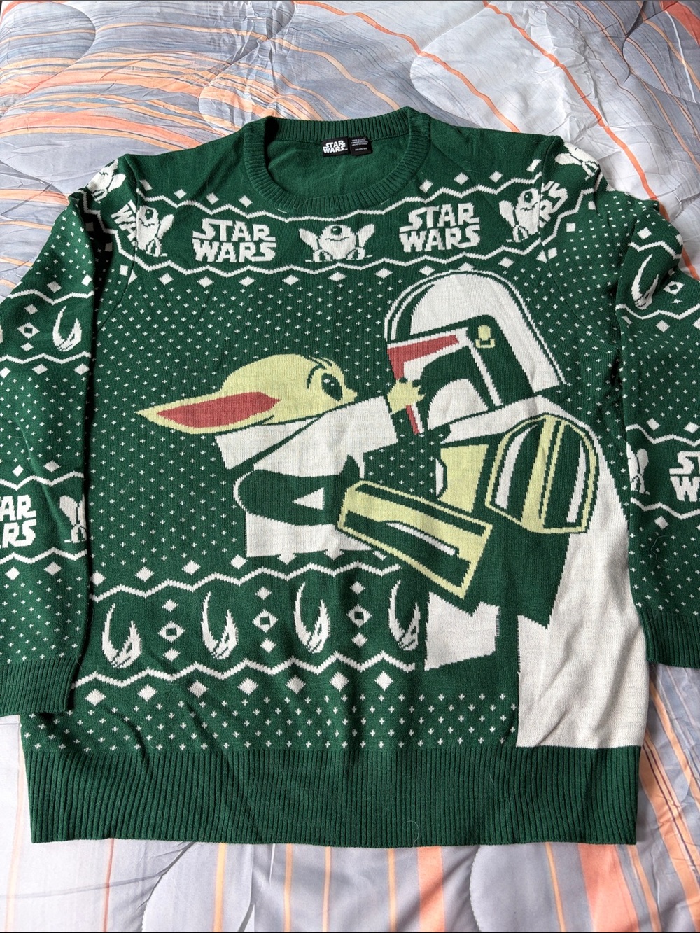 Star Wars Men’s Green Crewneck Sweater with Grogu & Boba Fett